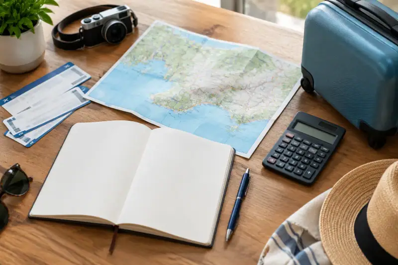 Tatil giderlerini hesaplamak için hazırlanmış defter, hesap makinesi ve harita