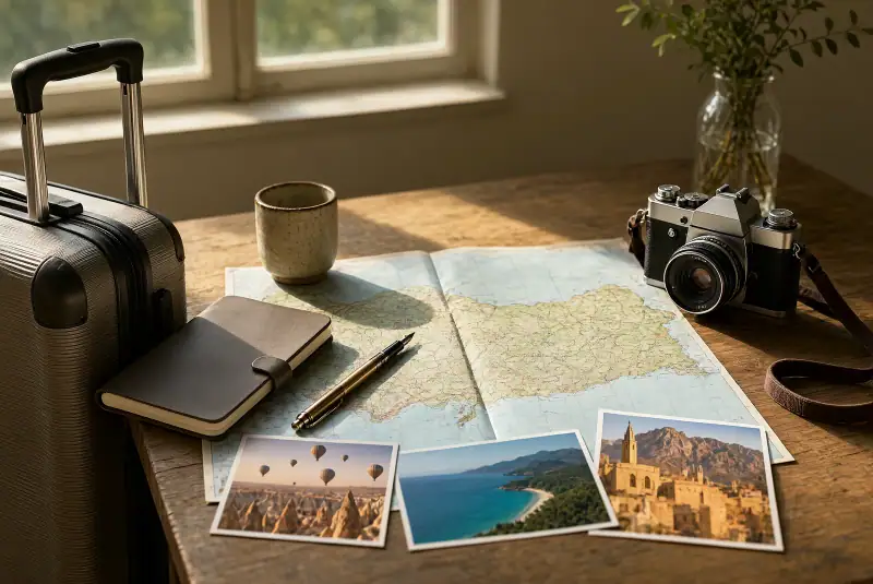 Türkiye haritası, valiz ve fotoğraf makinesiyle Kapadokya, Karadeniz ve Mardin rotalarını çağrıştıran tatil planlama sahnesi